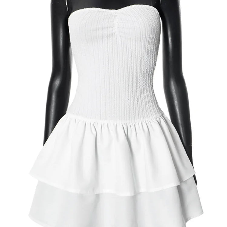Off-shoulder Strapless Sexy Mini Dress For Women White Spaghetti Strap Sleeveless High Waist A-line Cake Dress Vestido