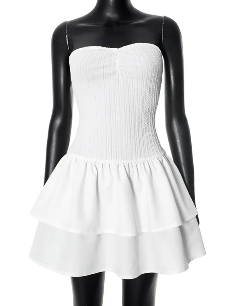 Off-shoulder Strapless Sexy Mini Dress For Women White Spaghetti Strap Sleeveless High Waist A-line Cake Dress Vestido