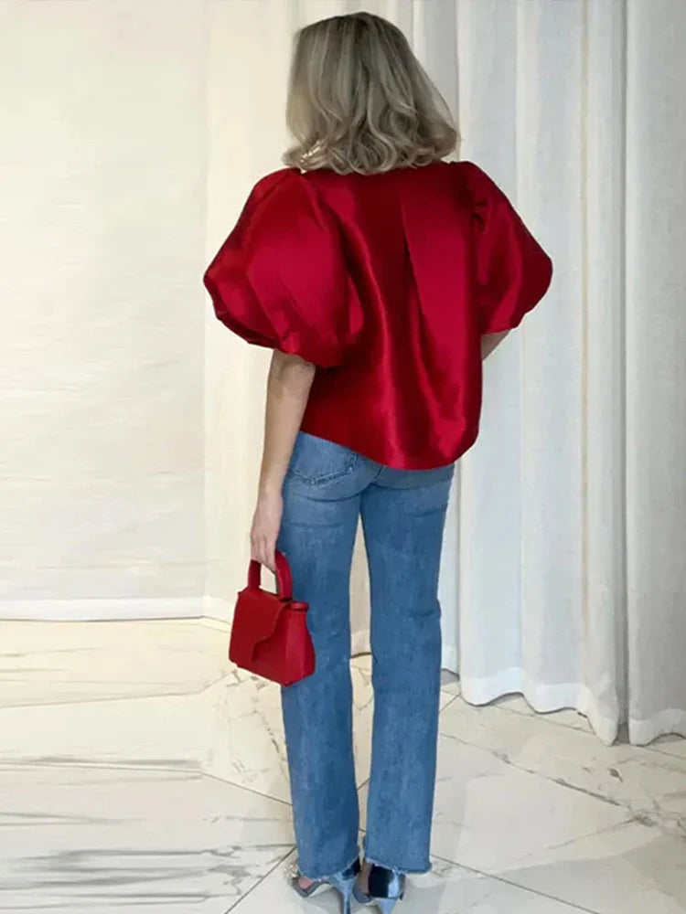 Satin Elegant Shirts Women White Lantern Short Sleeve O-neck Loose Female Blouses Spring Summer Lady Tops Chic Streetwear