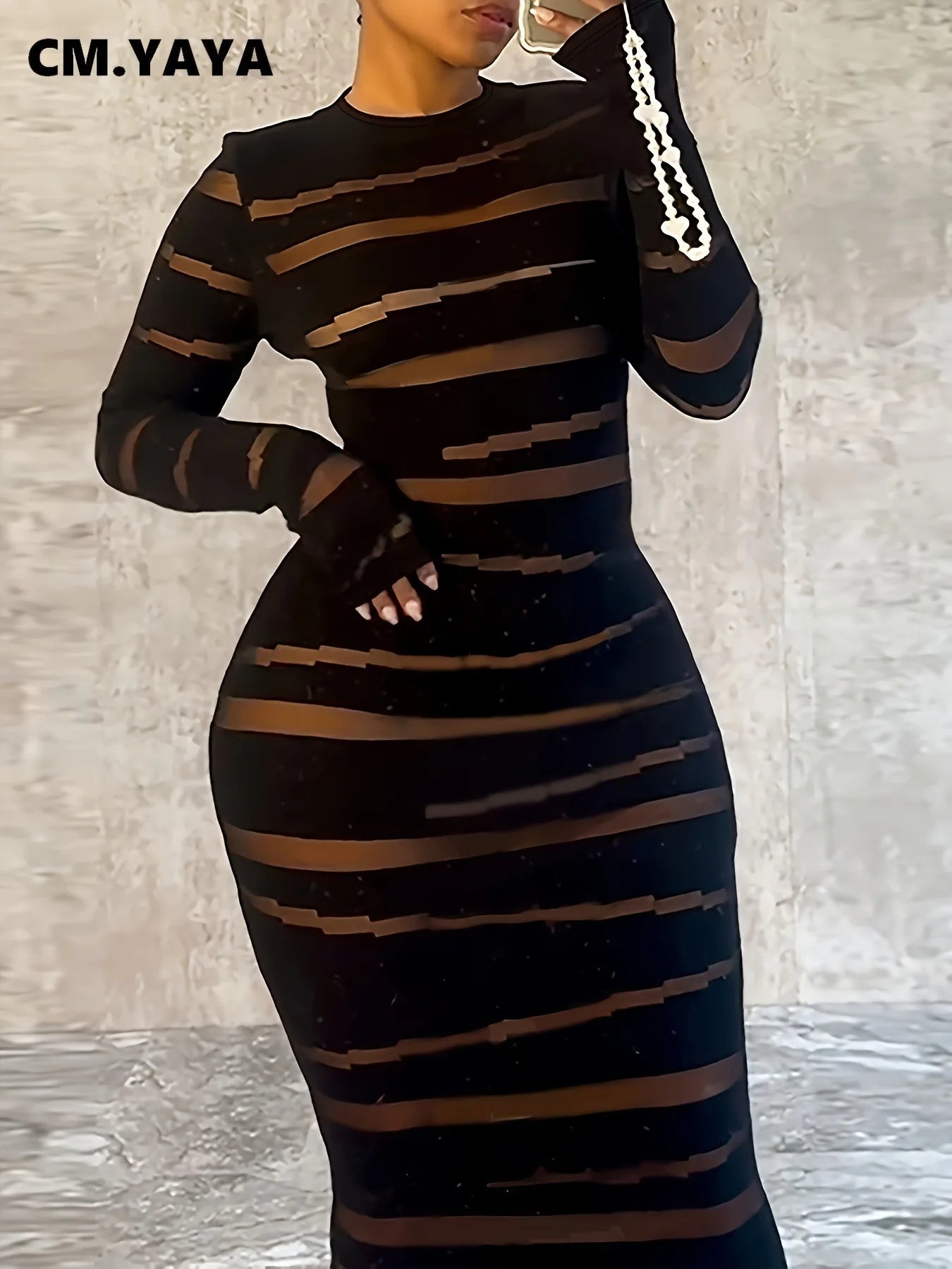 CM.YAYA Plus Size Women Clothing Dress Long Sleeve Striped Print O-neck High Waist Spring Night Club Streetwear Mini Dresses