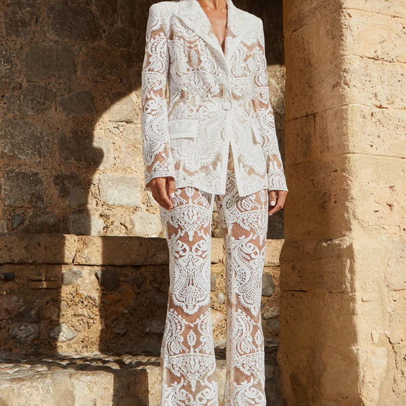 2023 High Quality White Lace Fashionable Woman Set Sexy See Through Suit Coat And Flare Pants 2 Pieces Evening Party Outfit