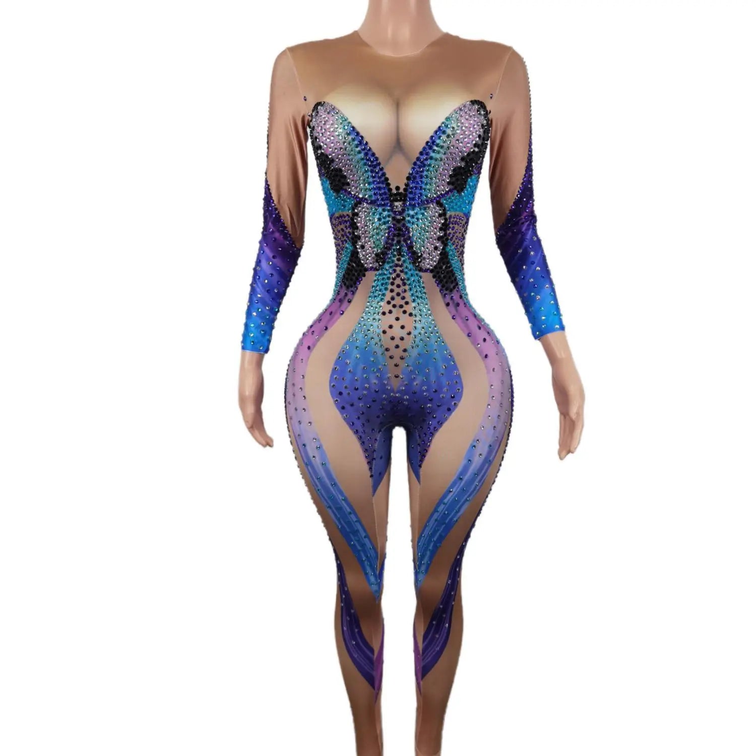 Colorful Rhinestone Butterfly Bodycon Jumpsuits Long Sleeves Women Dance Bodysuits Showgirl Stage Costumes Party Romper Hudie Blue