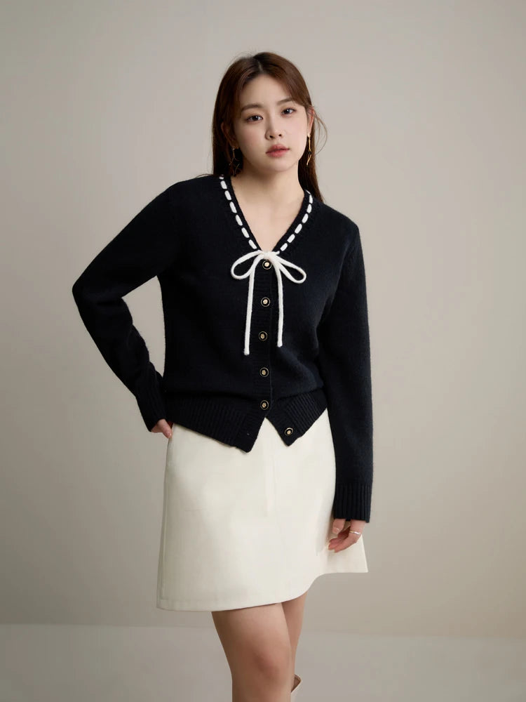 Women Sweet V-Neck Lace-up Red Sweaters Winter Gentle Female Sweater Jacket Temperament Knitted Black Cardigans black