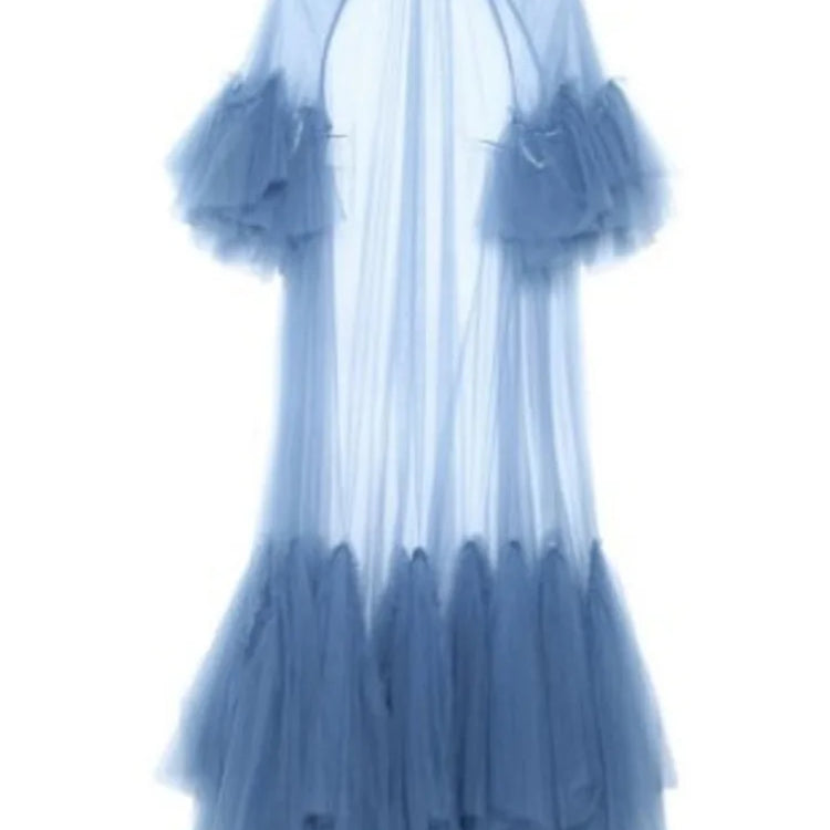 DEAT Summer Women's Dress New Fashion Round Neck Loose Gauze Spliced Ruffles Sleeve Ankle-length Dresses Female JR77101 deep blue One Size