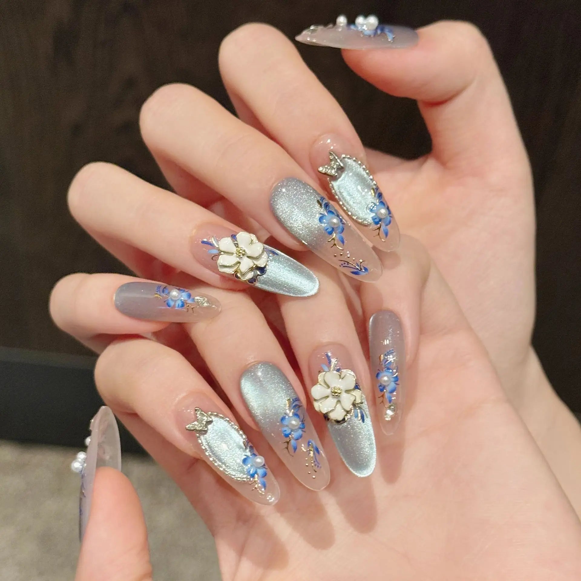 10pcs Cat's Eye French Handmade Fake Nail Art Simple Flower Diamond Design Long Almond False Nails Tips Reusable Press on Nails
