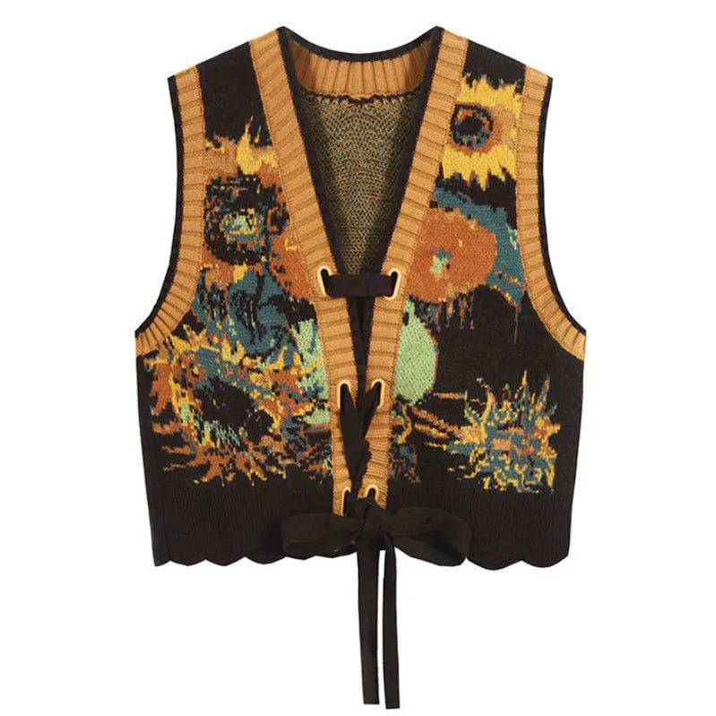 Vintage Sweater Vests Women Harajuku Print Sleeveless Knitted Waistcoat Streetwear Korean Cropped Bandage Knitwear Tank Top New Picture 1