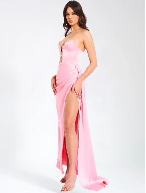 Pink Color Women Sexy Strapless Shinning Crystal Satin Bodycon High Split Dress Sweet Birthday Party Valentine's Day Dress