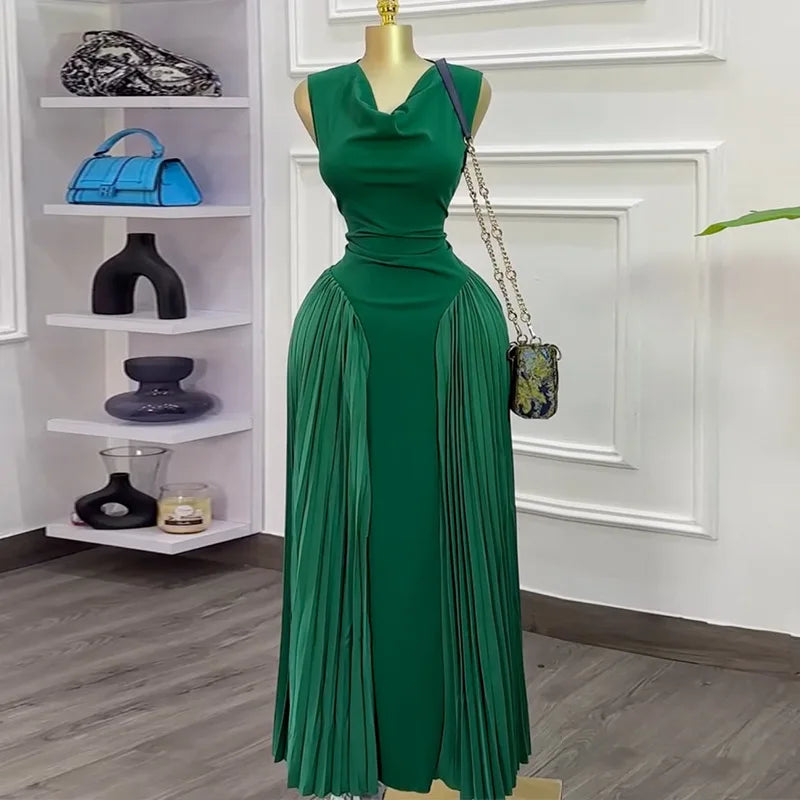 CM.YAYA 2025 Summer Elegant Sleeveless Sweet V-Neck Floor-Length Long Women Dress Beach Party Evening Sexy Pleated Dresses Green