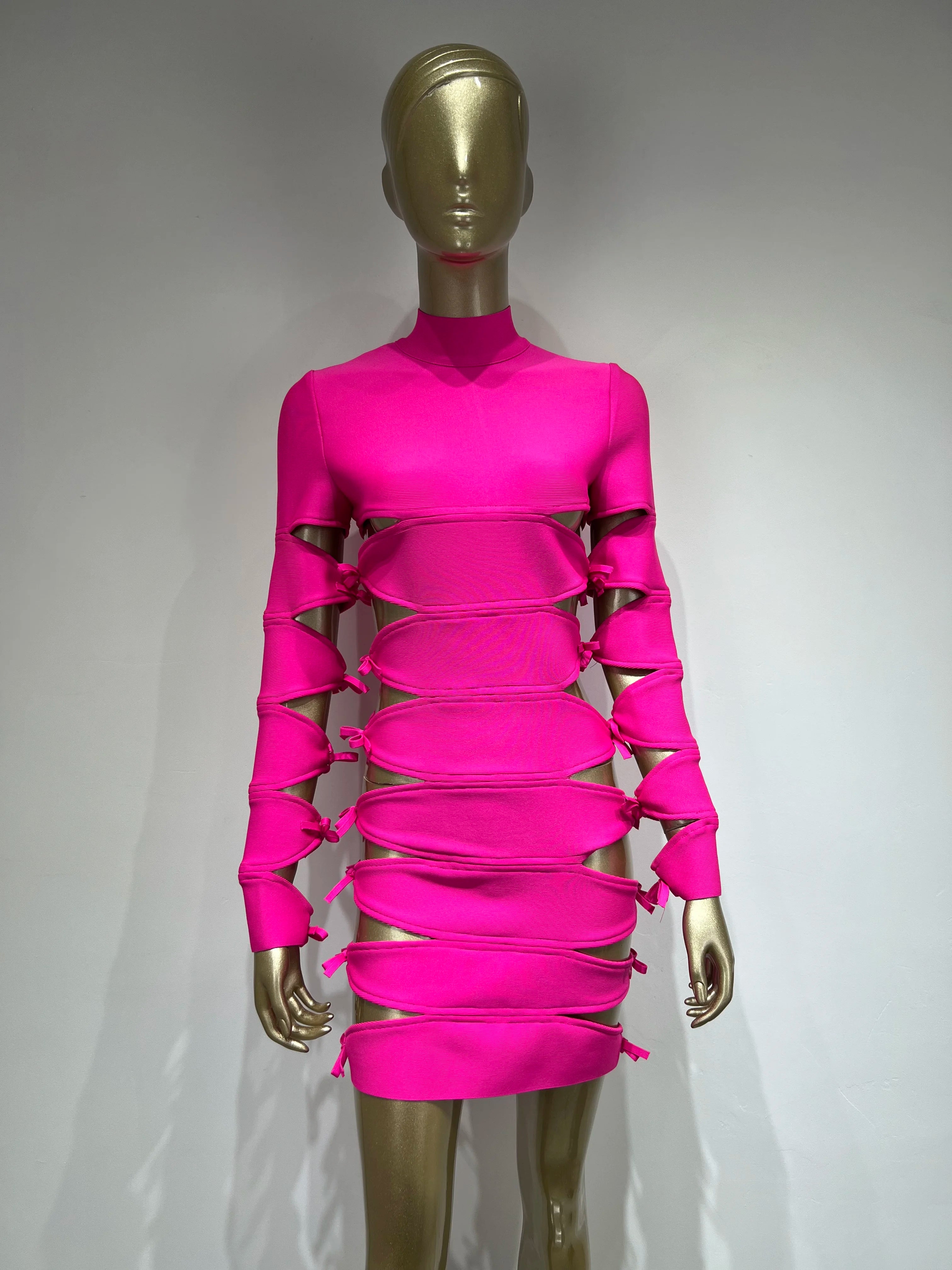 Autumn Fashion Women Sexy Long Sleeve Hollow Out Pink Bow Tie Mini Bandage Dress 2023 Elegant Evening Club Party Dress
