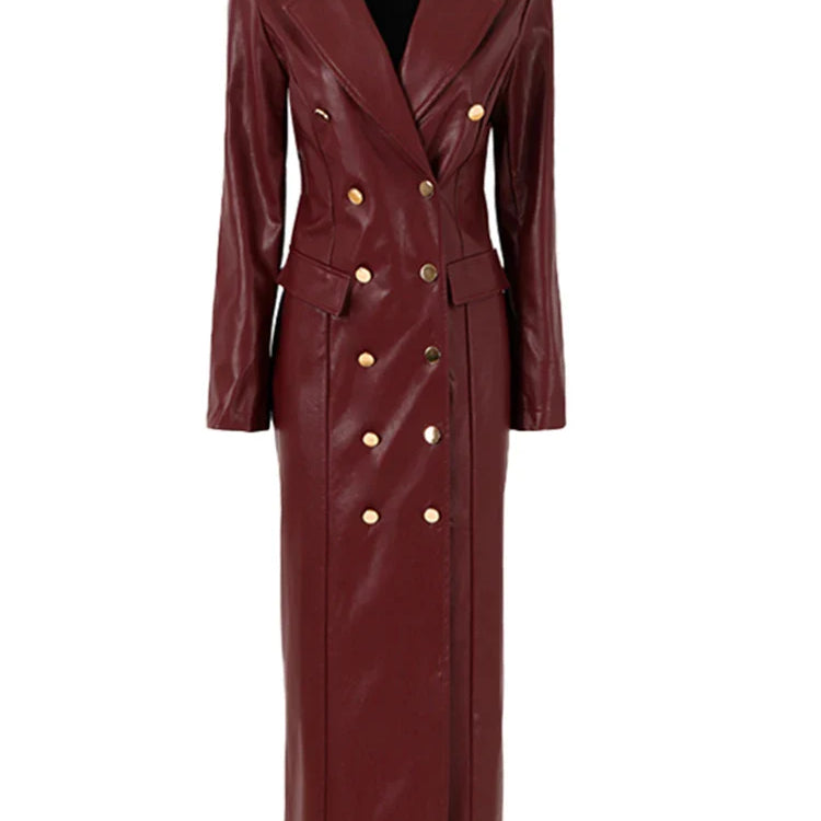 Spring Autumn Extra Long Black Faux Leather Trench Coat for Women Double Breasted Luxury Elegant British Fashion 2022 Red wine