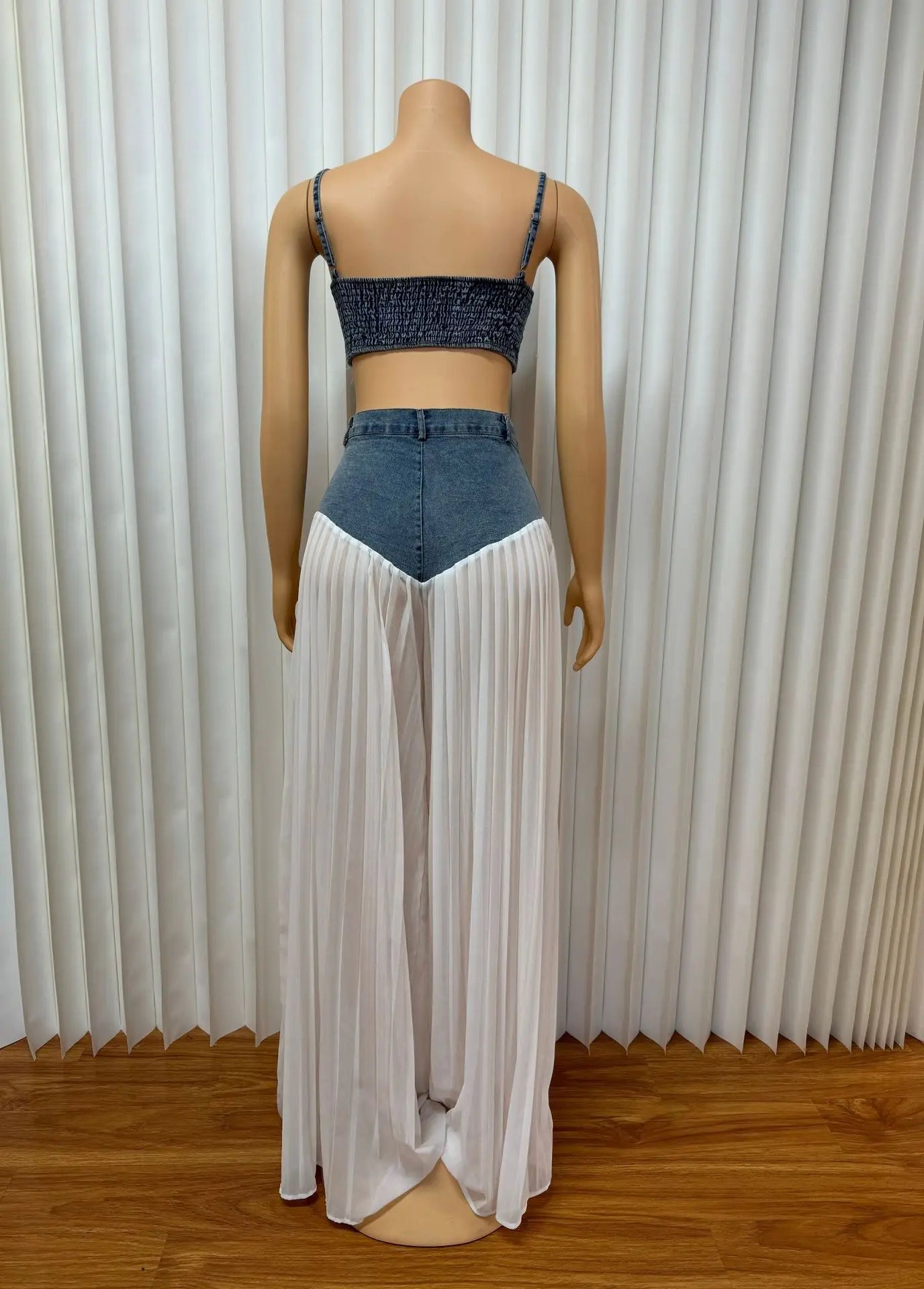 CM.YAYA Fashion Denim Chiffon Women's Set Strapless Crop Top and Jeans Pants Suits 2025 Sexy Party Club Two 2 Piece Set Outfits