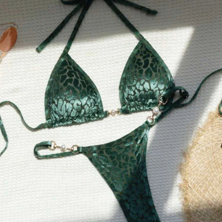 Sexy Leopard Print Glossy Bikini Women's 2-piece Thong Swimwear Suspender Lace-up Low Waist Backless Bathing Suit Beachwear green