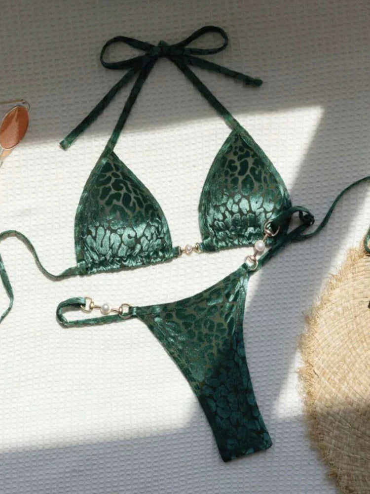 Sexy Leopard Print Glossy Bikini Women's 2-piece Thong Swimwear Suspender Lace-up Low Waist Backless Bathing Suit Beachwear green