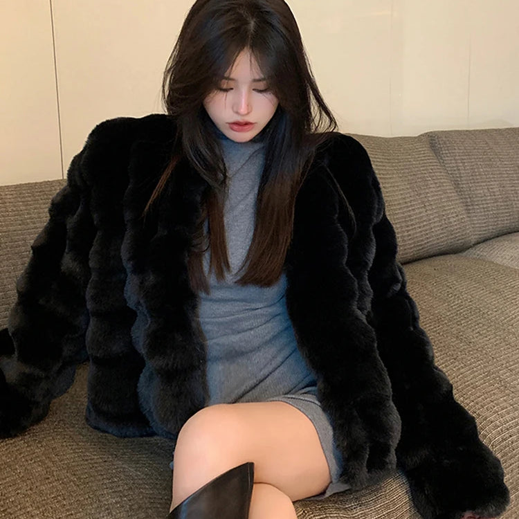 Fashion Imitation Rabbit 'S Hair Coat Women Winter Warm Luxury Fur Jacket Plus Size Outwear Female Vest Coats Beige