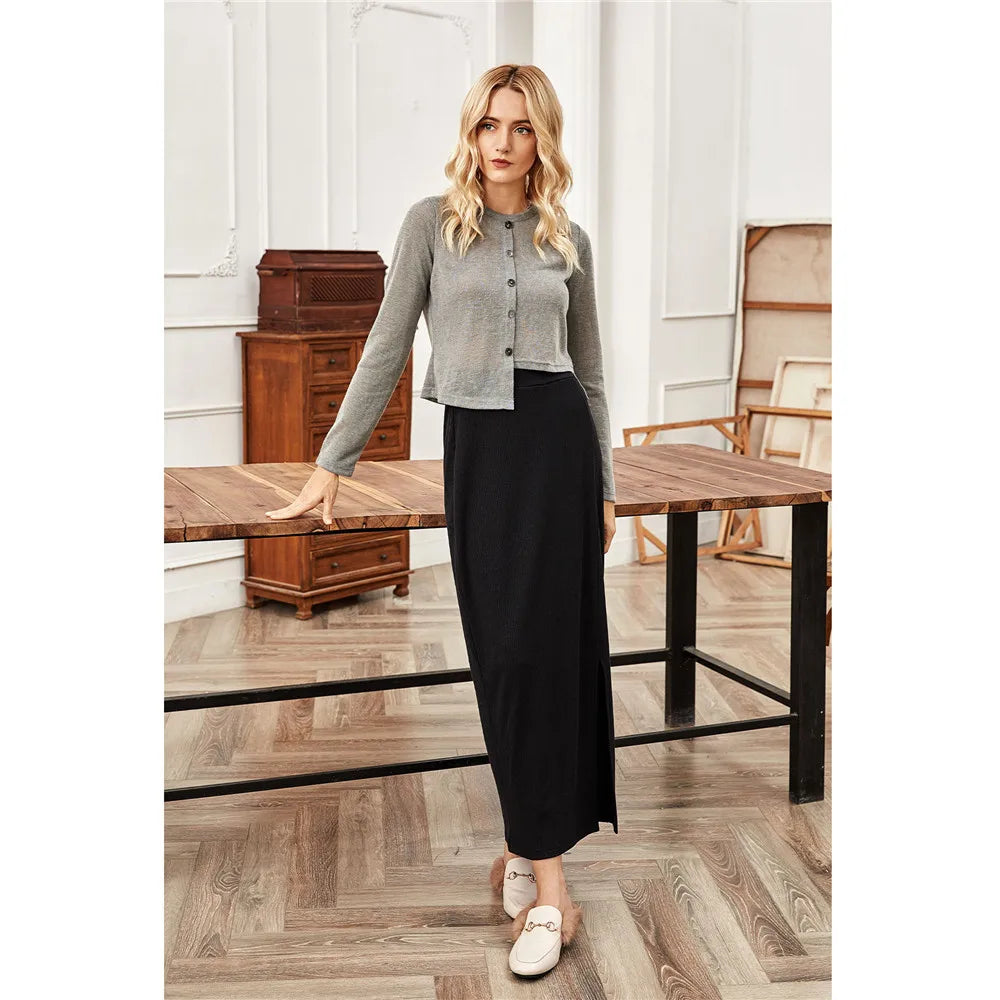 New Women Long Skirt Fashion Ladies Black High Waist Side Slit Maxi Skirts Bodycon Pencil Straight Stretch Club Party Wear