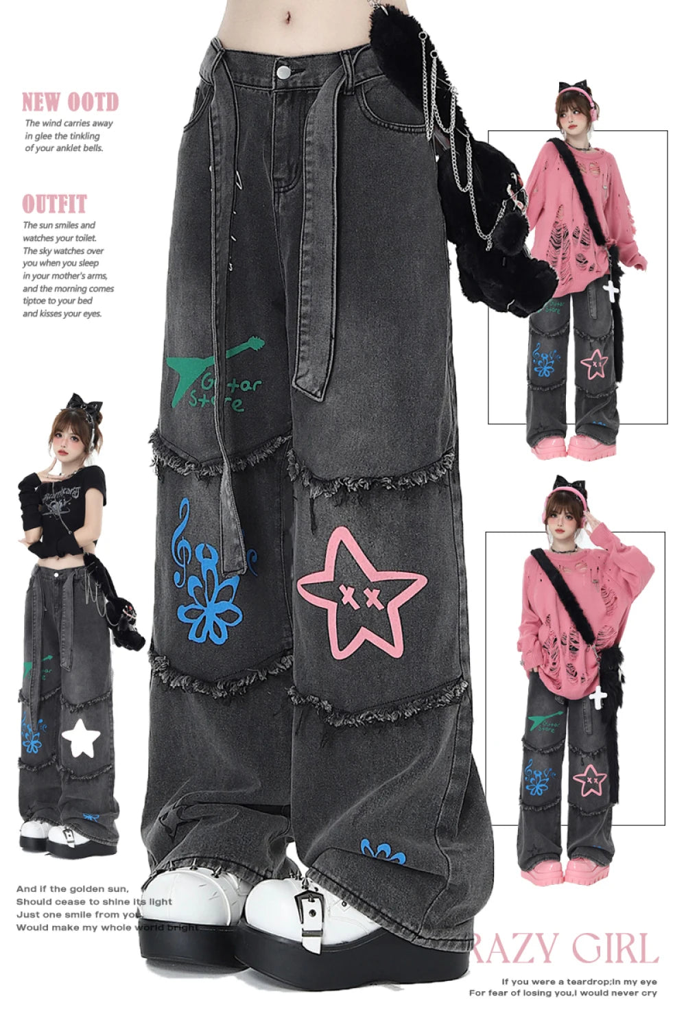 American Retro Graffiti Women's Jeans Autumn Winter Casual Star Jeans for Women Patchwork Women High Waist Y2K Pants with Belt