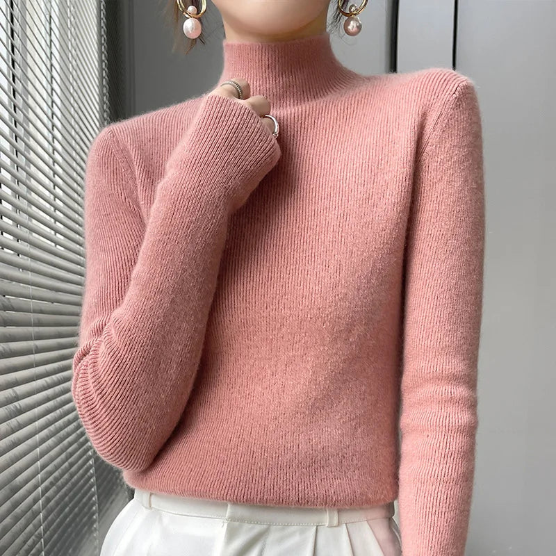 2022 Autumn and Winter Women's Cashmere Sweater Pullover Half Turtleneck Casual Fashion Pure Color High Quality Warmth Comfort Skin pink