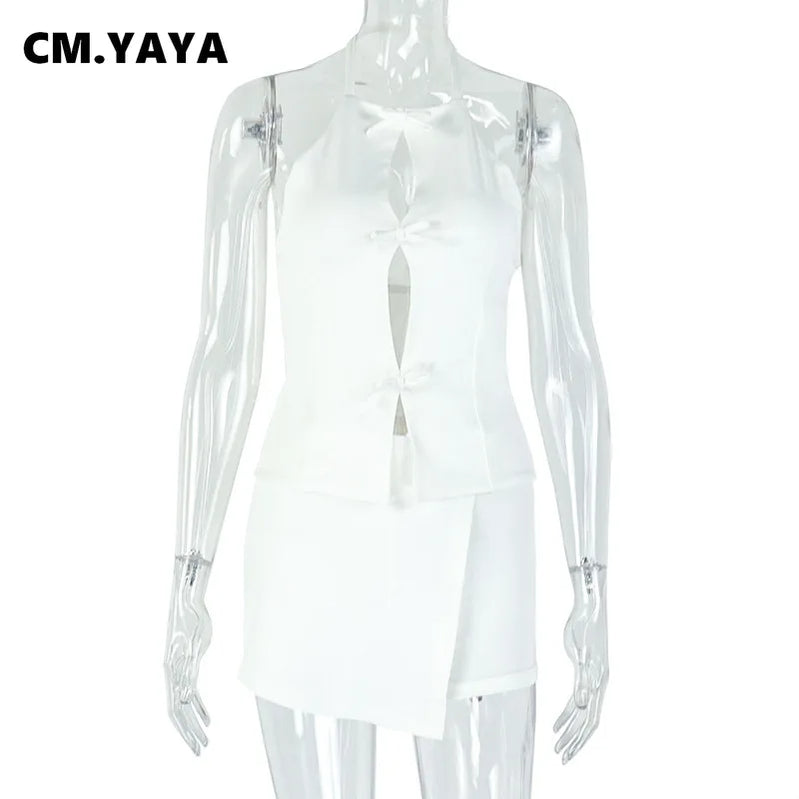CM.YAYA 2025 Summer Women's Set Sleeveless Hollow Out Top+ Skirts Shorts Cute Street Two 2 Piece Sets Street Outfits Tracksuit
