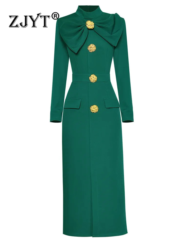 Runway Autumn Midi Dresses for Women Elegant Black Green Vestidos Long Sleeve Straight Party Robe Femme Plus Size XXL green