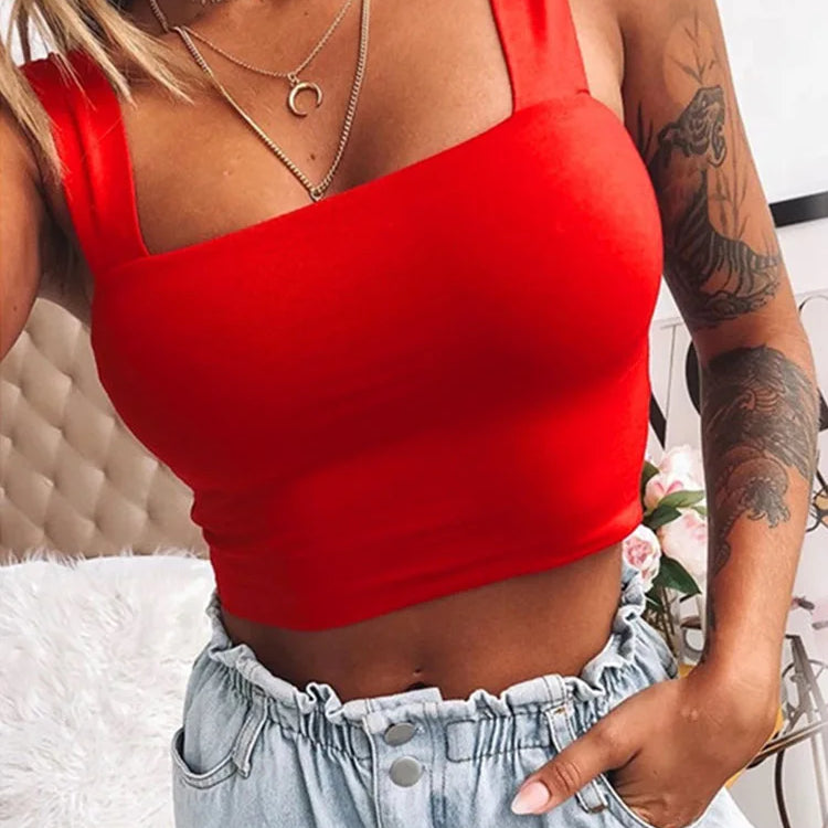 Square Neck Sleeveless Summer Crop Top White Women Black Casual Basic T Shirt Off Shoulder Cami Sexy Backless Tank Top Red