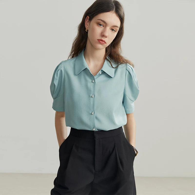French Court Style Women Shirts Puff-sleeved Short Sleeve Elegant Vintage Casual Female Blouses Tops Blue