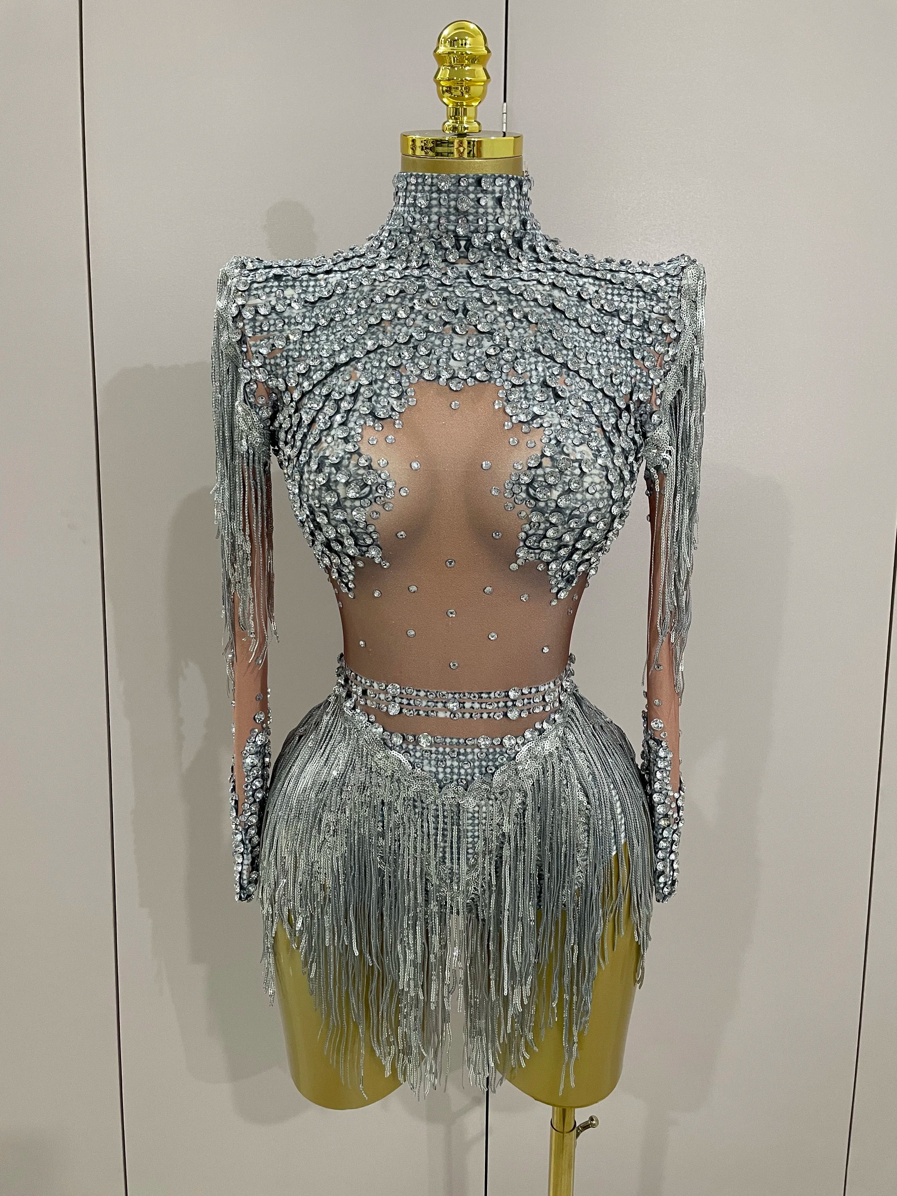 Women Sparkly Rhinestone Sequin Tassel Stretch Bodysuits 2025 New Arrival Birthday Party Nightclub Dj Stage Performance Costume