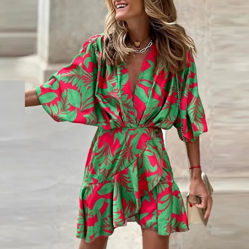 Elegant V Neck Lace Up Printed Dress Women Short Sleeve Mini Dress Women Fashion Ruffle Design Summer Flower Female Vestidos
