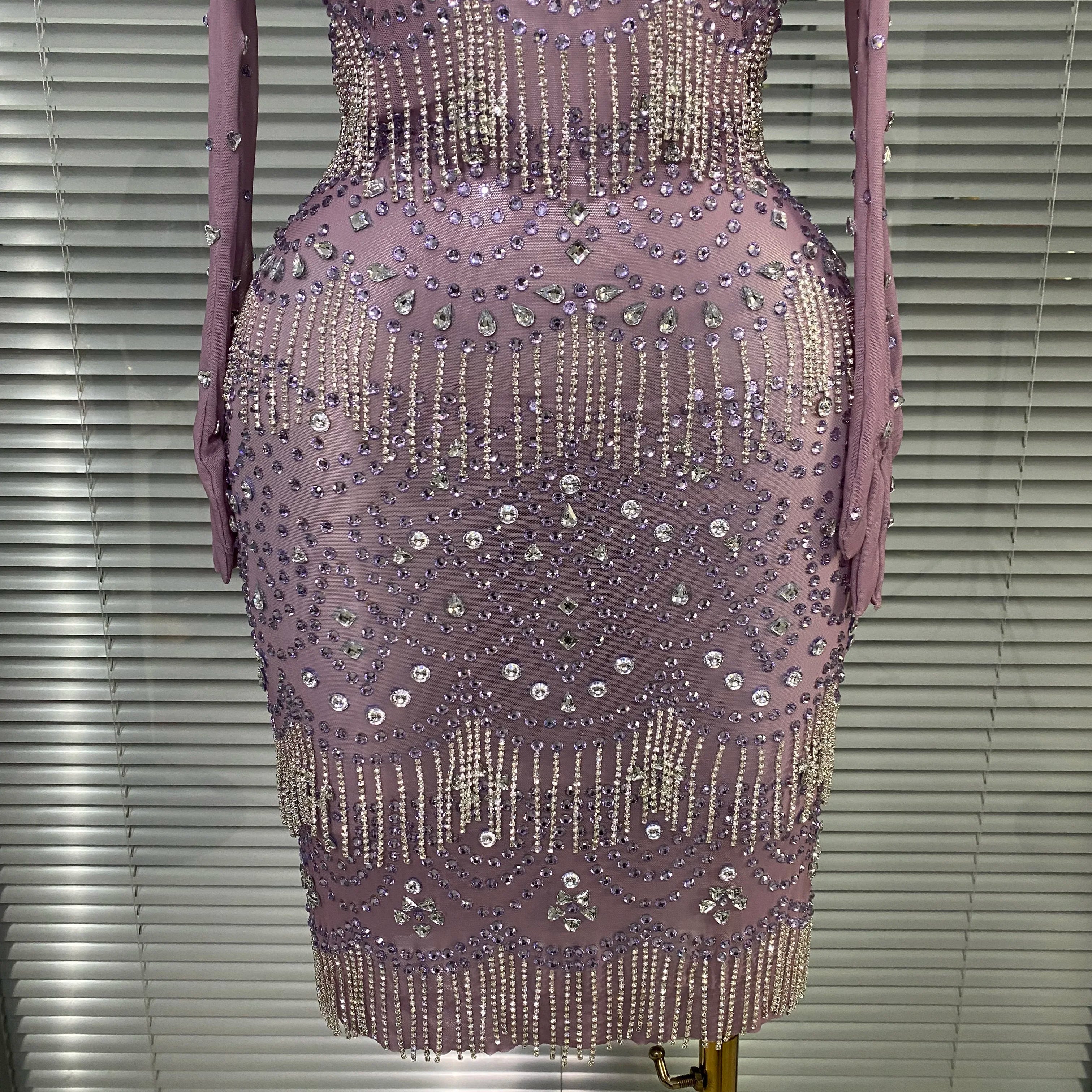 Women Sexy Strapless See Through Mesh Purple Costume Stage Dancer Singer Night Club Celebrity Gloves Mini Party Dress