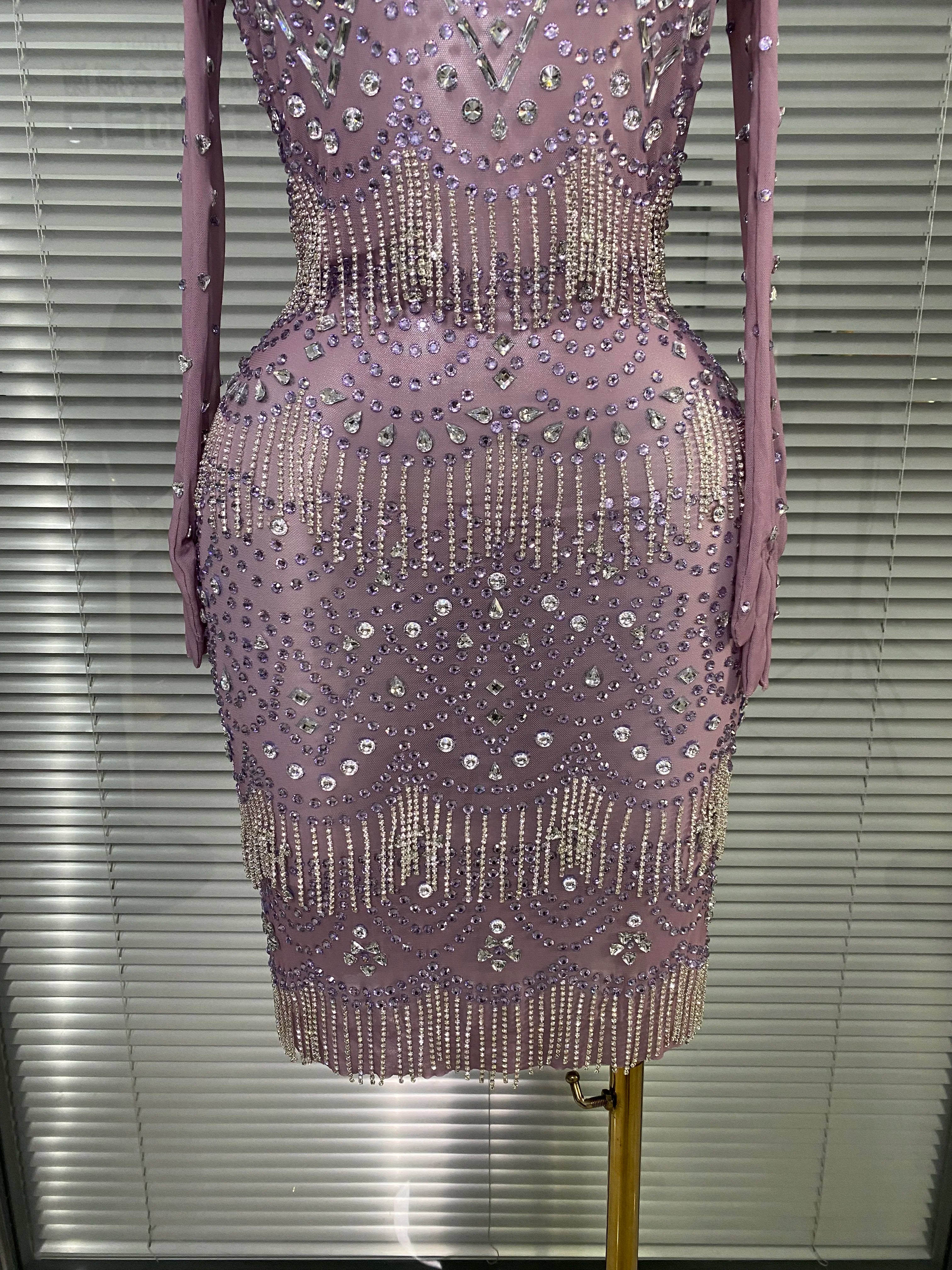 Women Sexy Strapless See Through Mesh Purple Costume Stage Dancer Singer Night Club Celebrity Gloves Mini Party Dress