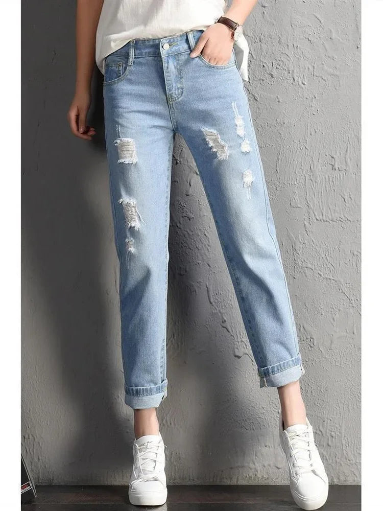 Fashion New Women Mid Waist Boyfriend Big Ripped Hole Jeans Casual High Street Denim Pants Sexy Vintage Pencil Jeans y2k Light Blue