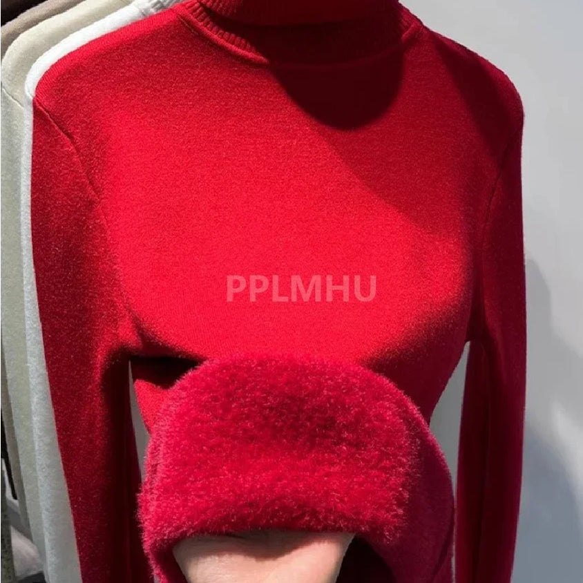 Warm Knit Pullover New Thicken Turtleneck Sweater For Winter Women Casual Slim Plush Lined Soft Long Sleeve Knitwear Jumper Tops basic red