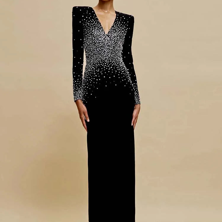 VC Black Long Sleeves Pearls Embellished Long Dress For Women V Neck Beaded Celebrity Party Evening Gowns Vestidos