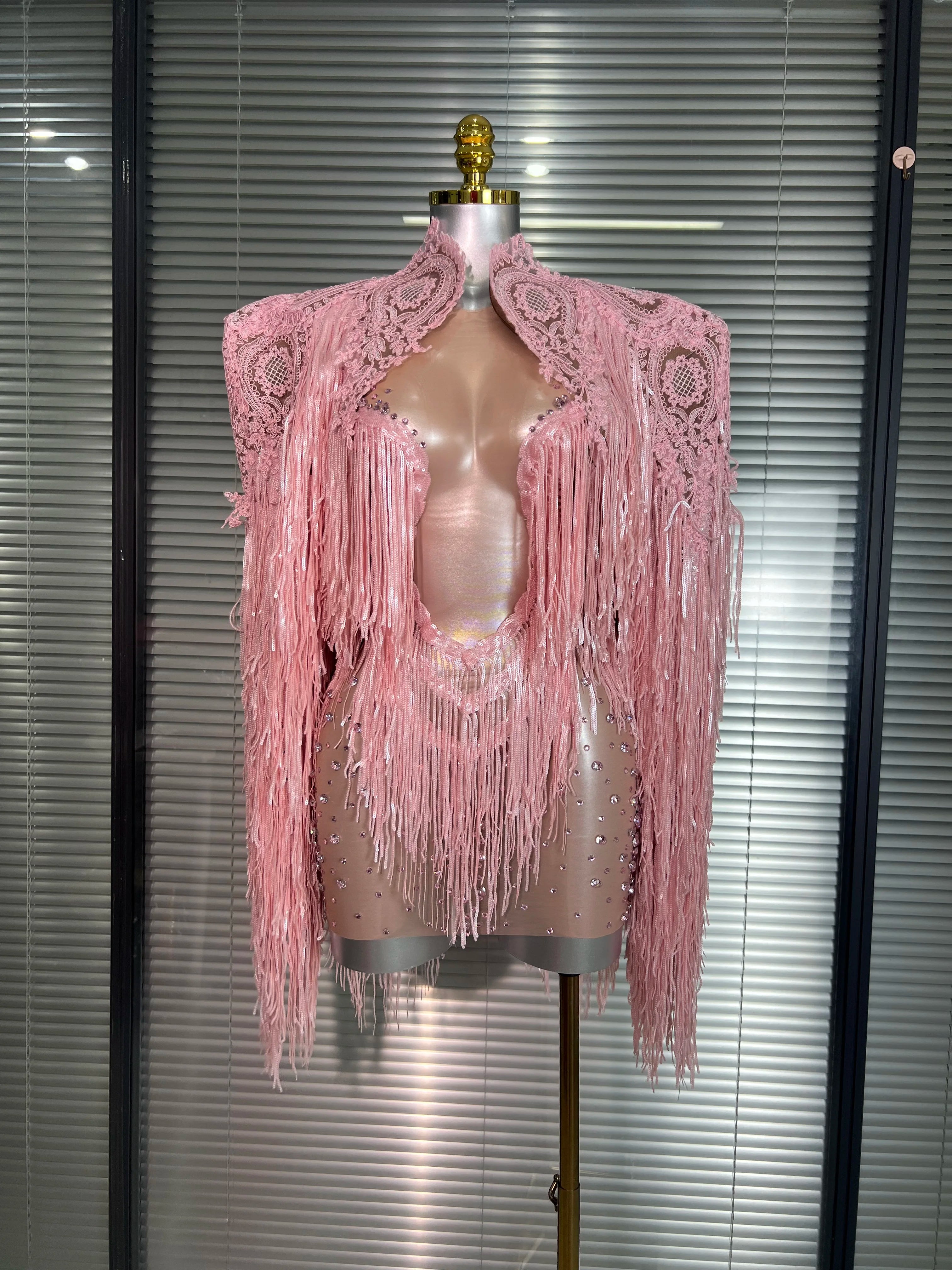 Celebrity New Women Sexy Mesh Sheer Crystal Stage Costume Stage Dancer Night Club Tank Mini Party Dress Coat 2 Pieces Set