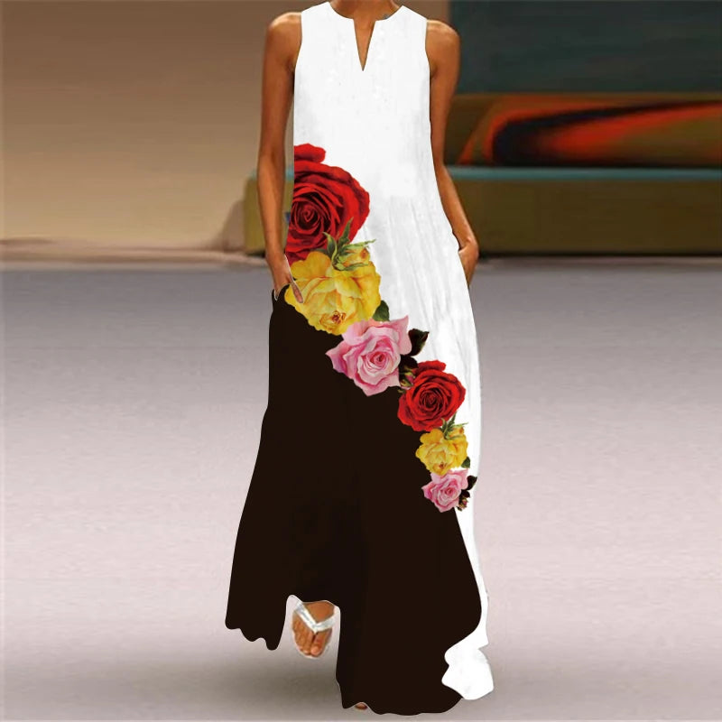 Vestido longo feminino elegante com decote em V, estampa floral fresca, sem mangas, solto, reto, praia, férias, vestido longo