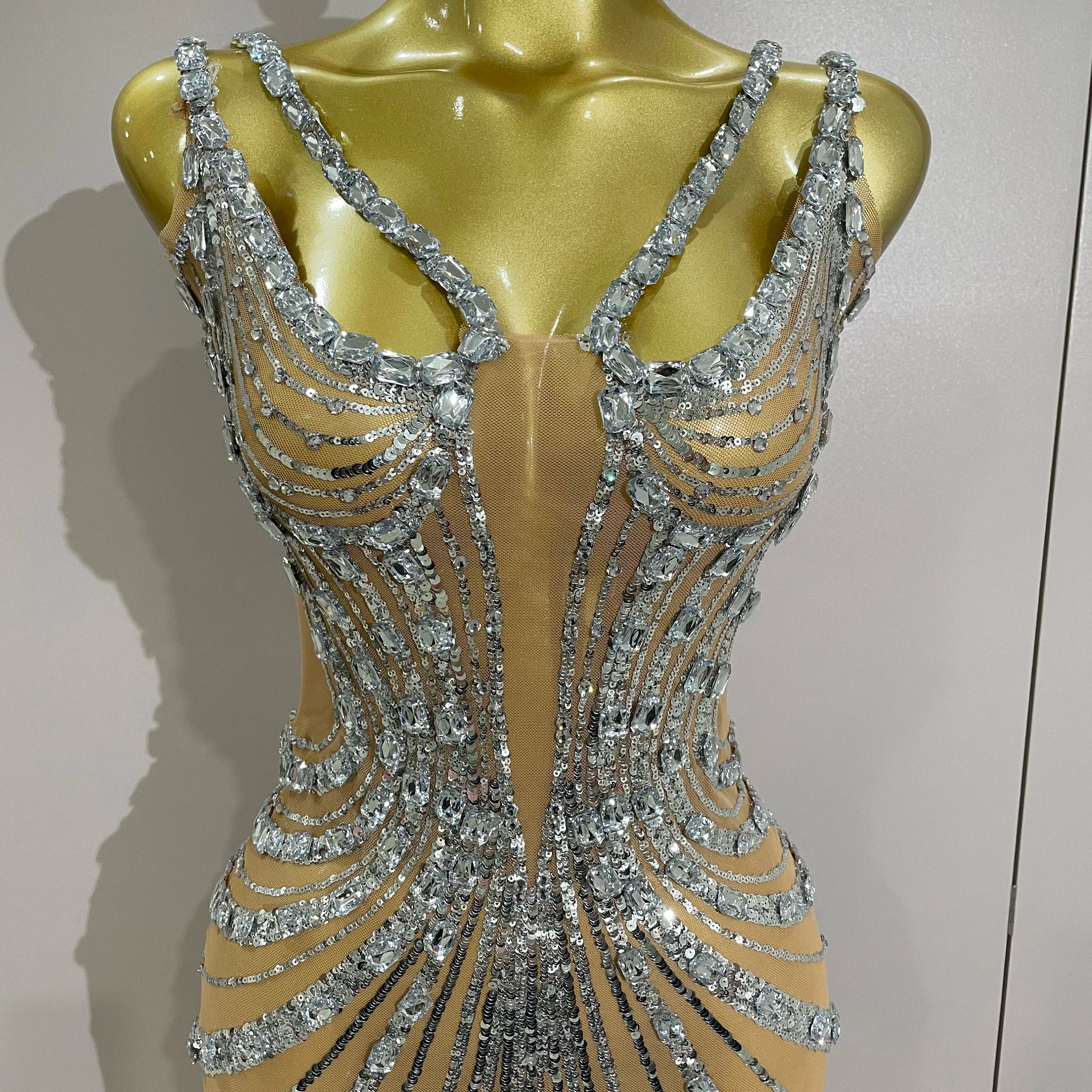 Luxury Sexy Silver Rhinestone Mesh See Through Long Dress 2025 New Women Birthday Party Prom Gown Singer Nightclub Stage Costume