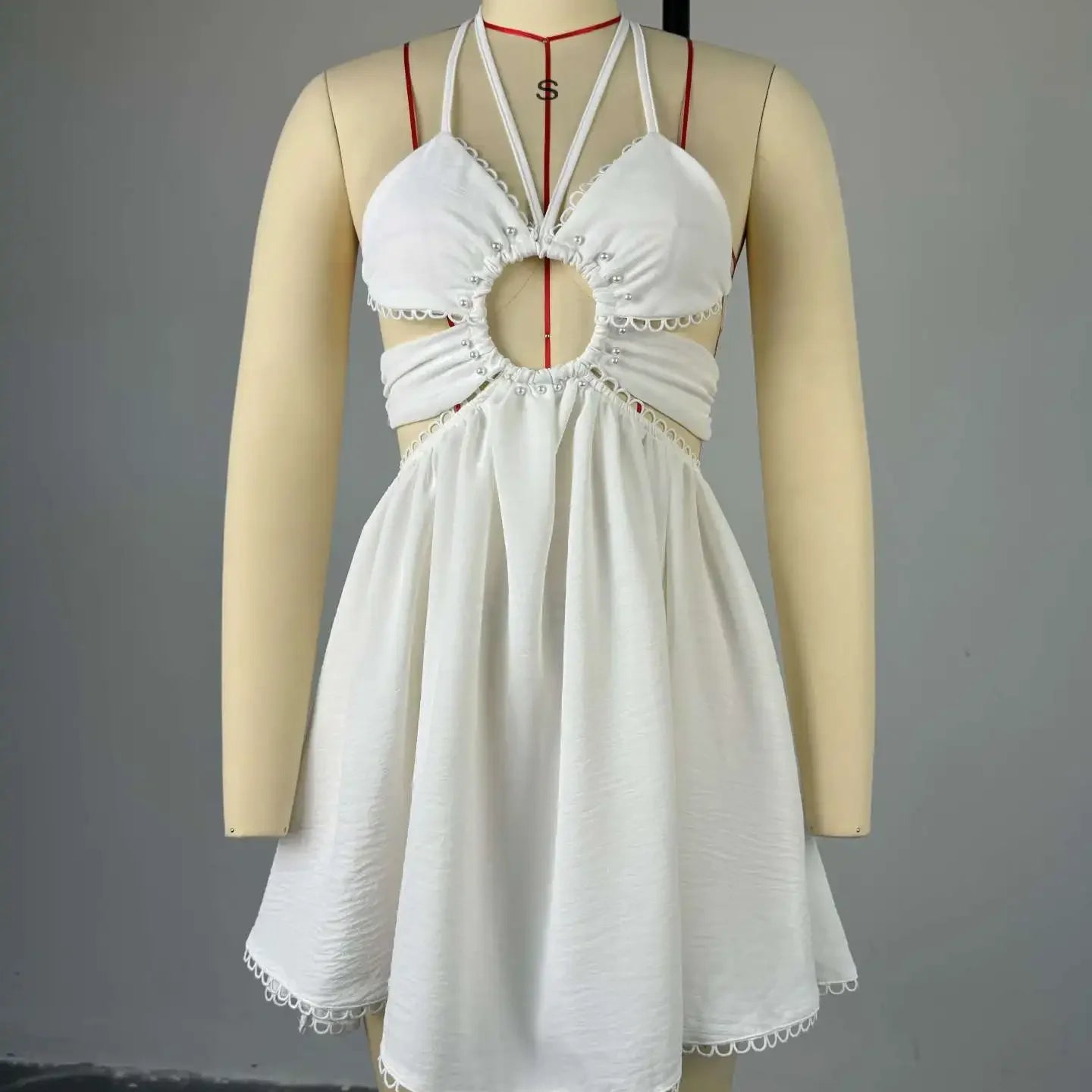 CM.YAYA 2024 Women Halter Strap Sleeveless Mini A-Line Dress Sexy Beading Backless Streetwear Evening Night Club Party Dresses