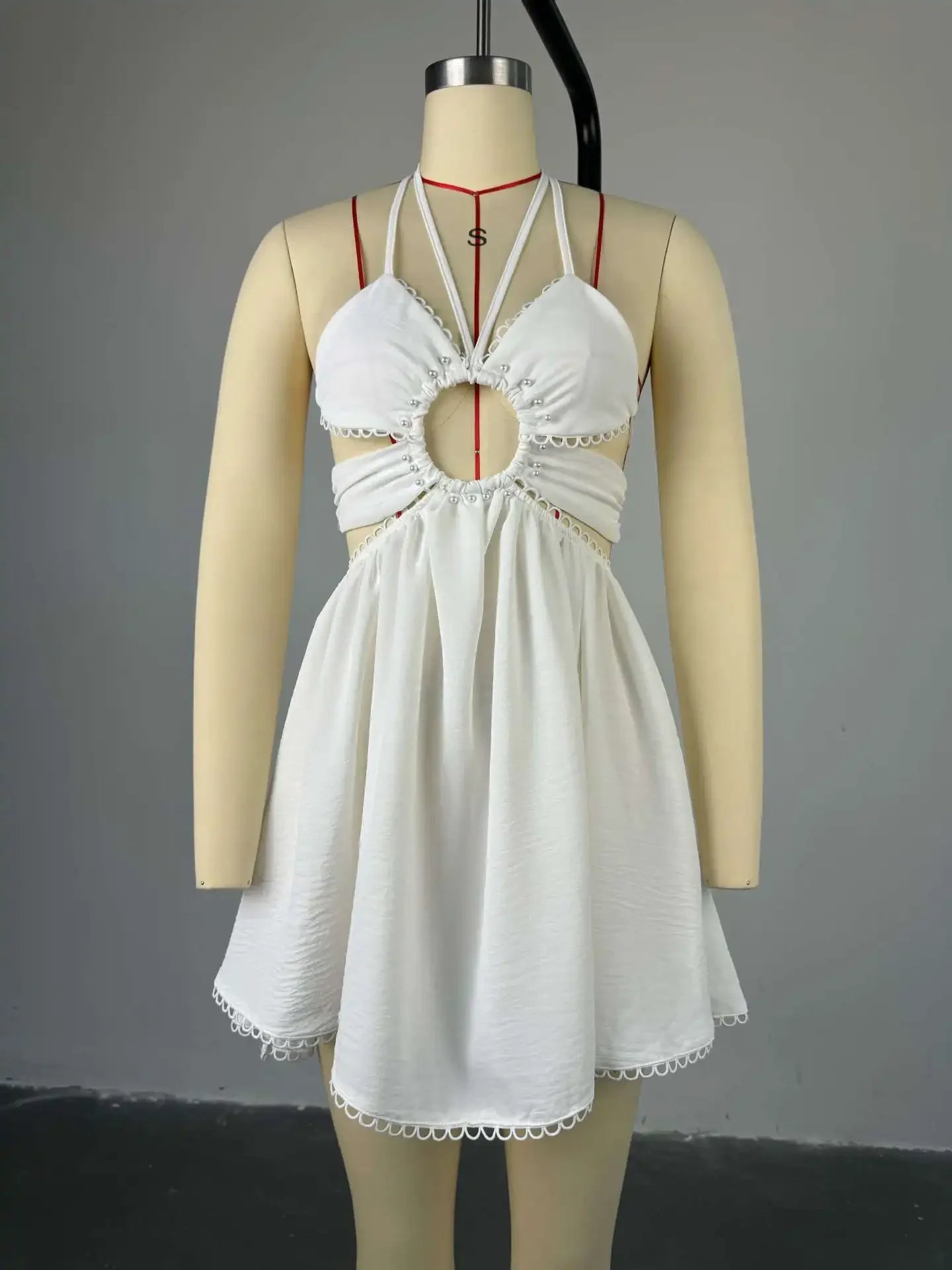 CM.YAYA 2024 Women Halter Strap Sleeveless Mini A-Line Dress Sexy Beading Backless Streetwear Evening Night Club Party Dresses