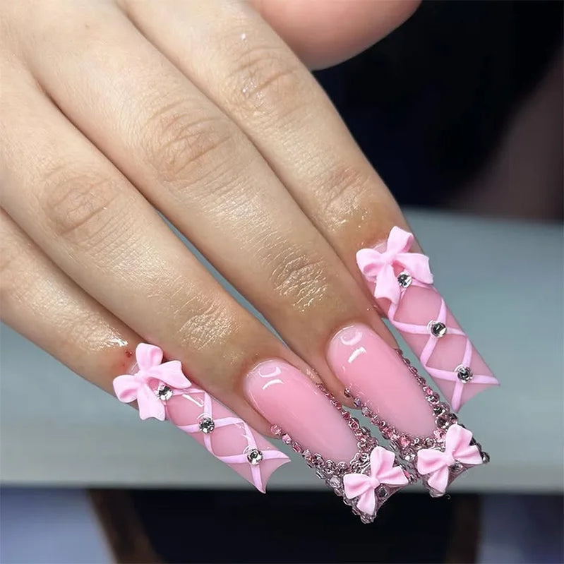 24Pcs Pink Press on Fake Nails Long Coffin with Love Broken Diamond Pearl Bowtie Design French Fake Nails Full Cover Nail Tips