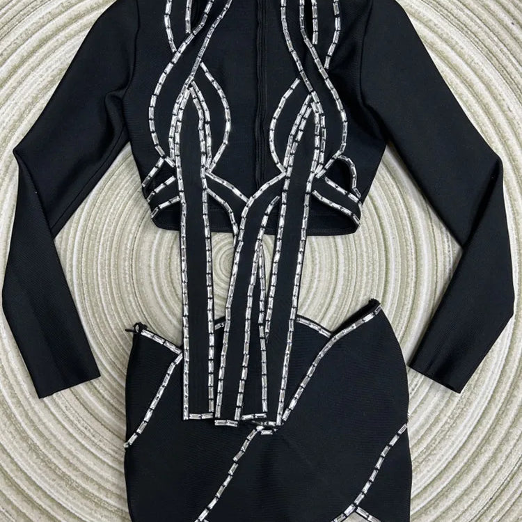 Women Long Sleeve Sexy Tops Bodycon Skirt Mini Set Rayon Bandage Fashion High Street Women's Set