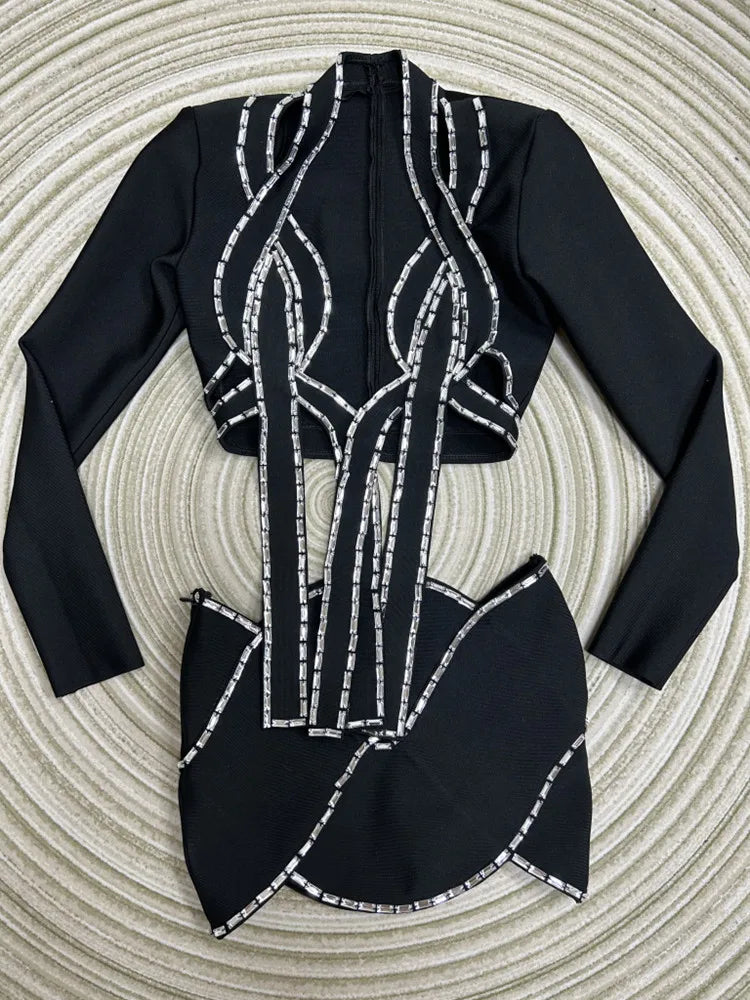 Women Long Sleeve Sexy Tops Bodycon Skirt Mini Set Rayon Bandage Fashion High Street Women's Set