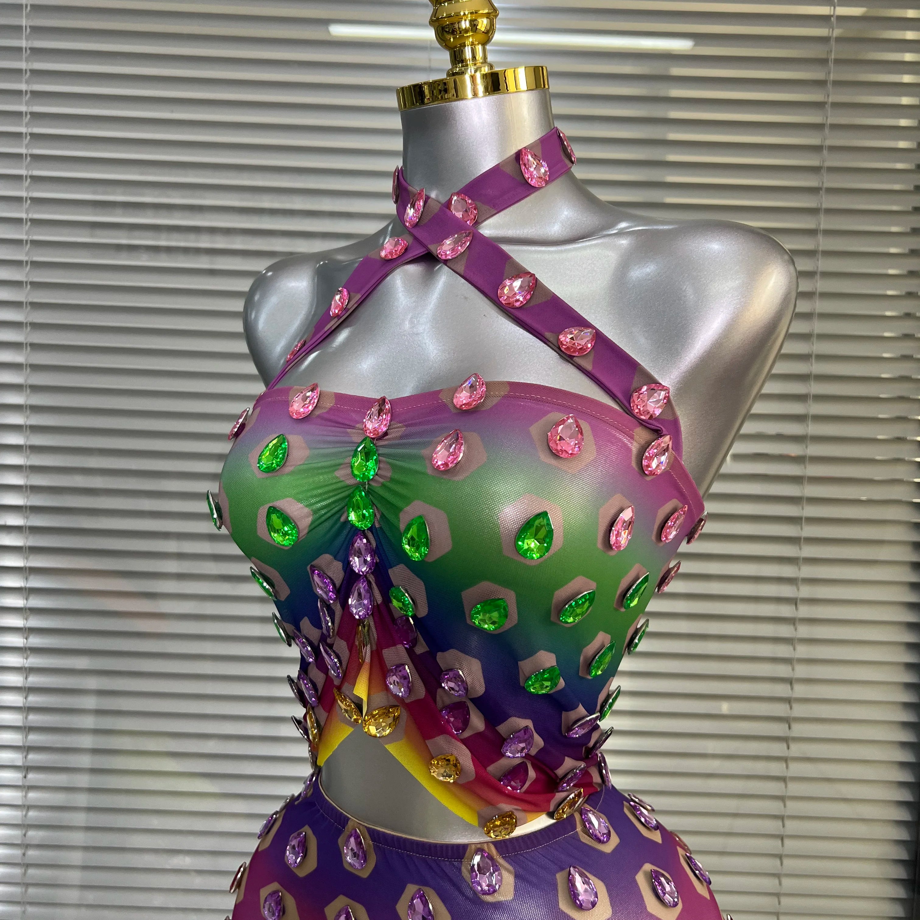 Women Sexy Two Pieces Set Women Crystal Diamond Night Club Halter Skirt Suits Singer Dancer See Through Stretchy Stage Costume