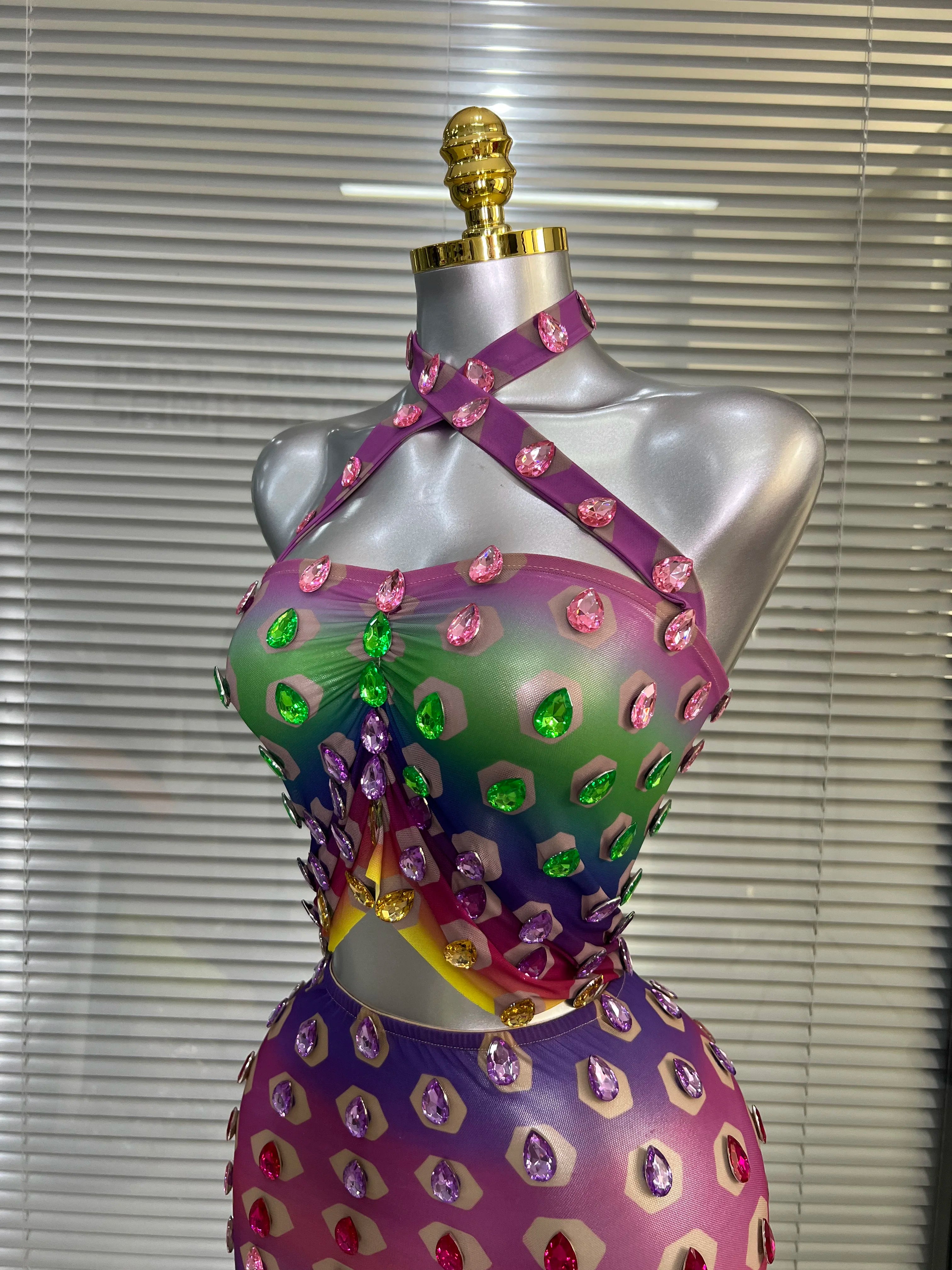 Women Sexy Two Pieces Set Women Crystal Diamond Night Club Halter Skirt Suits Singer Dancer See Through Stretchy Stage Costume