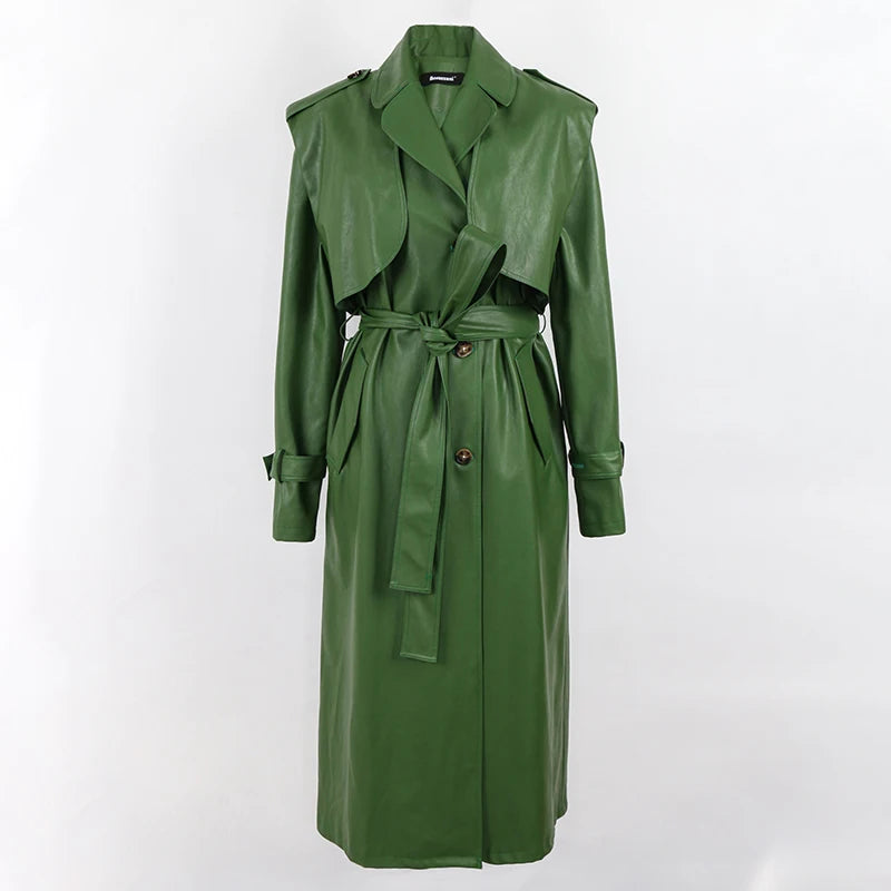 Nerazzurri Autumn Long Cool Green Pu Leather Trench Coat for Women Sashes Single Breasted Stylish Luxury Designer Clothes 2022 Green