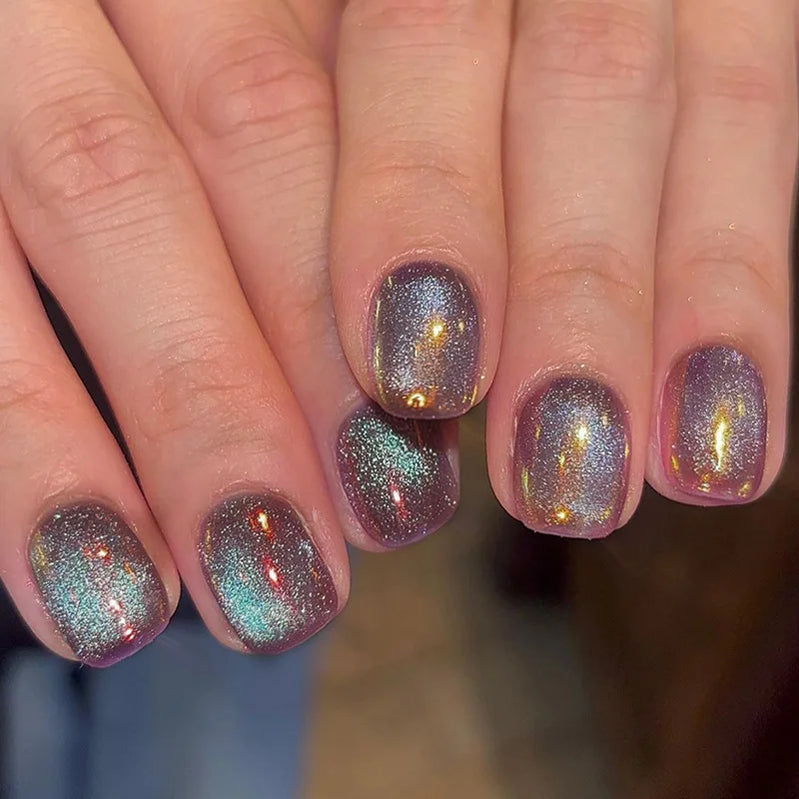 24 peças unhas postiças curtas redondas azul-francês brilhante pérola branco ondulado amor coração cobertura total destacável pontas de pressão