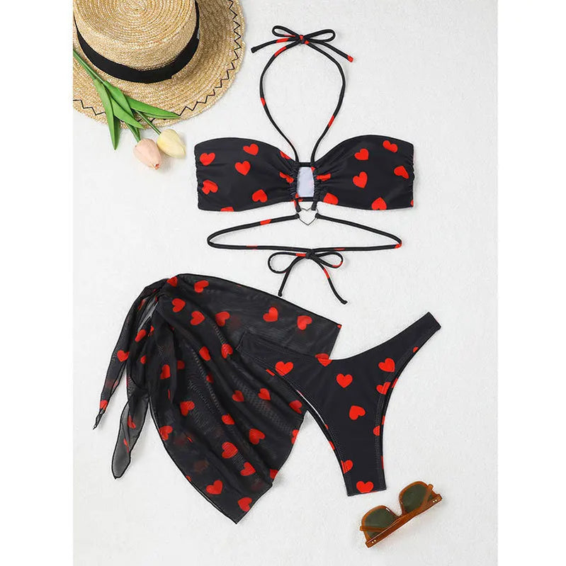 Women 3pack Heart Print Bikini Sets With Skirt Bandeau Swimsuit Thong Swimwear Beach Cover-Up Push Up Biquinis Bathing Suit black