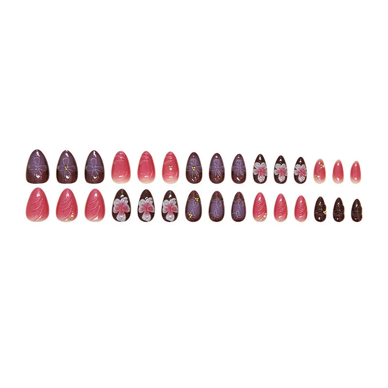 24pcs Flower Printed Fake Nail Tips INS Gradient Color Short Almond False Nails for Women Wearable European Press on Nails