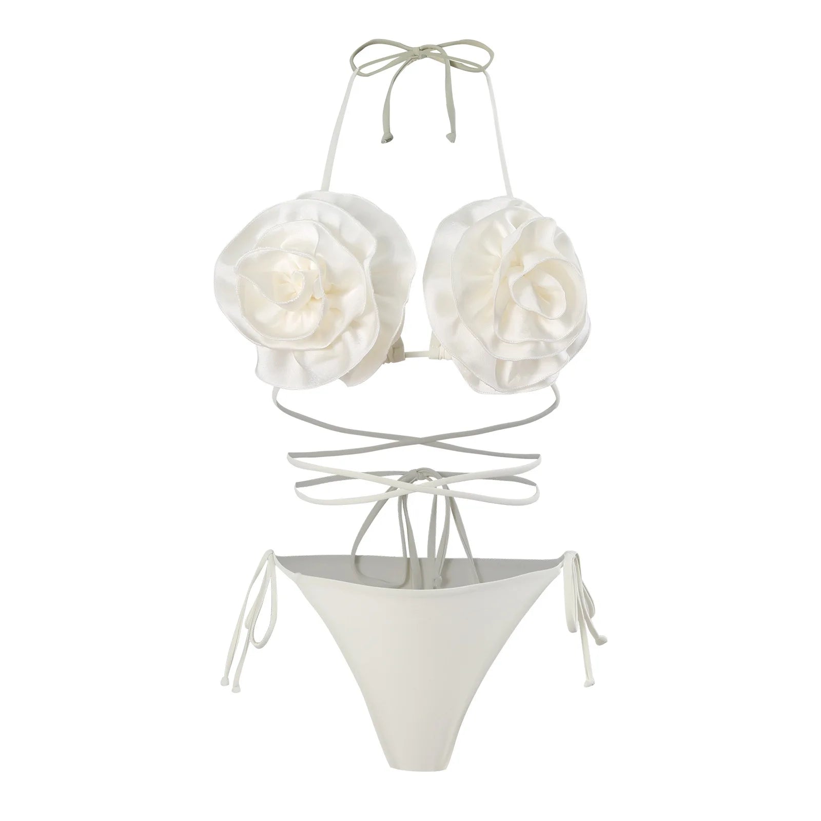 sexy 3D flower micro mini bikinis sets triangle two pieces padded thong swimwear female bathing suit biquini Ivory