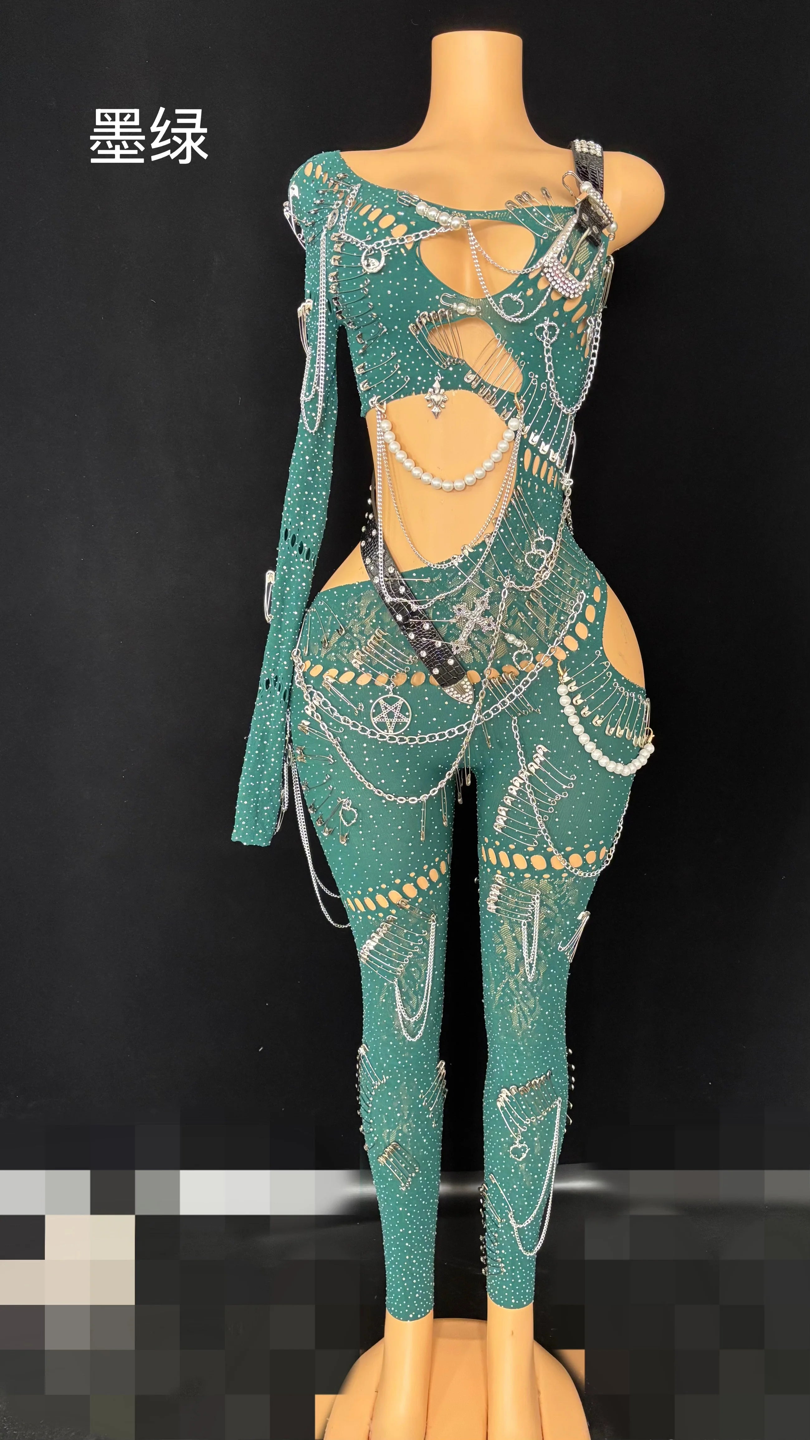 Sexy Shining Pearl Chain One Shoulder Hollow Out Jumpsuit 2025 New Women Birthday Party Nightclub Singer Performance Stage Wear