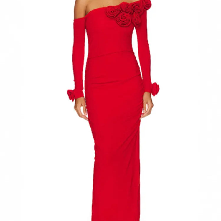 Women Celebrity Sexy Off Shoulder Flower Red Ruched Maxi Long Gowns Dress 2024 Elegant Evening Party Club Vestido