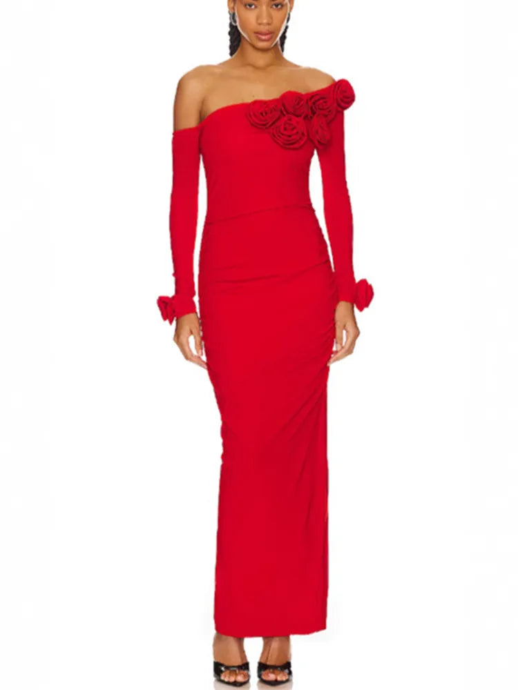Women Celebrity Sexy Off Shoulder Flower Red Ruched Maxi Long Gowns Dress 2024 Elegant Evening Party Club Vestido